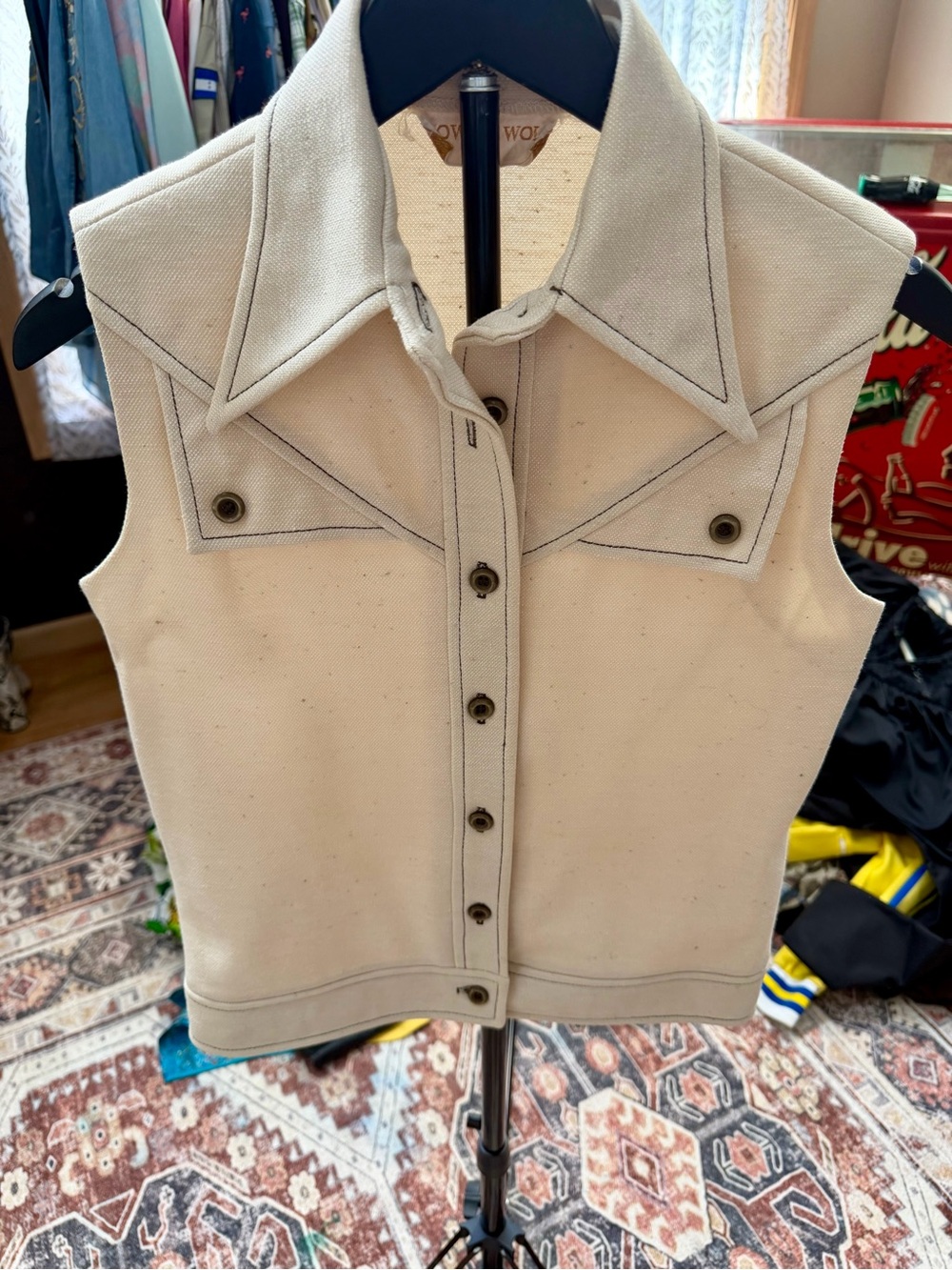 Vintage Sleeveless Cream Button-Front Vest with Contrast Stitching